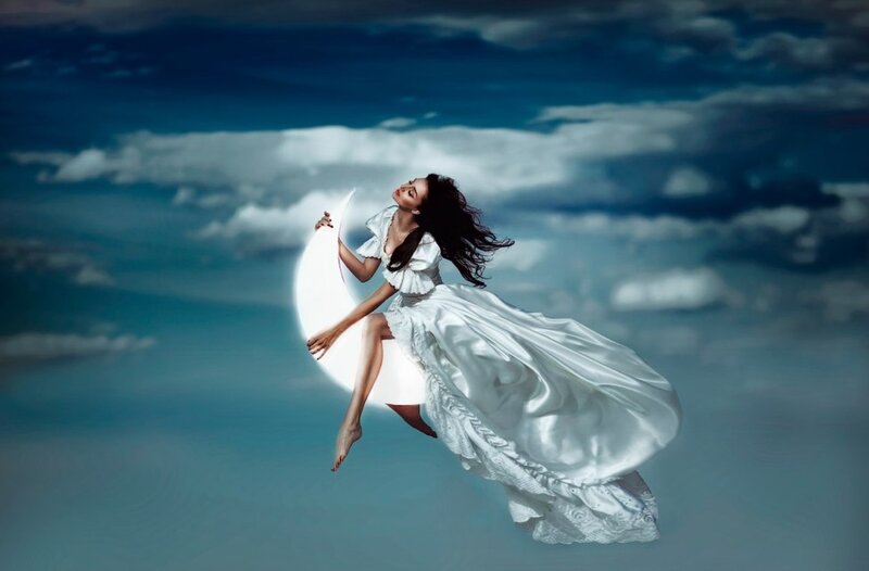 Woman on Crescent Moon — White, Dreamy, Night