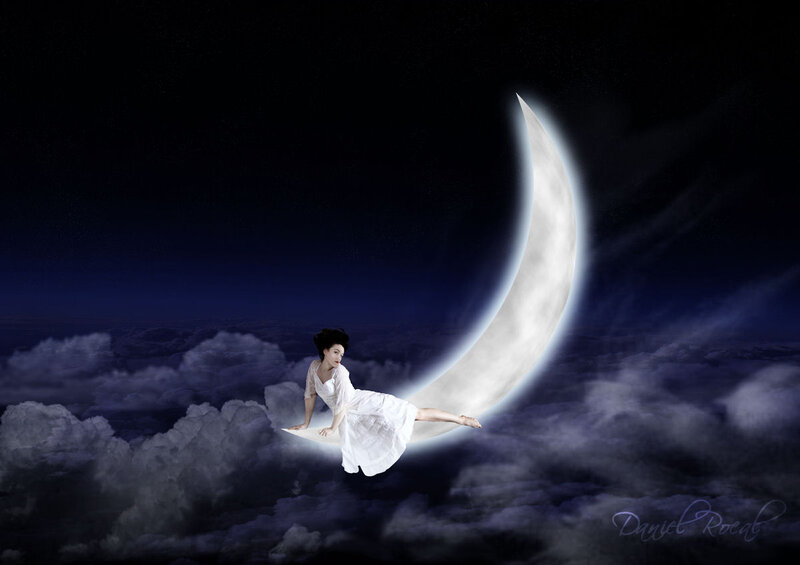 Woman on Crescent Moon — White, Dreamy