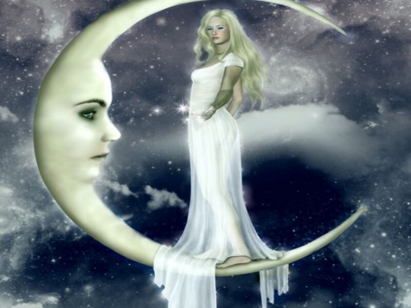 Woman on Crescent Moon — White, Serene