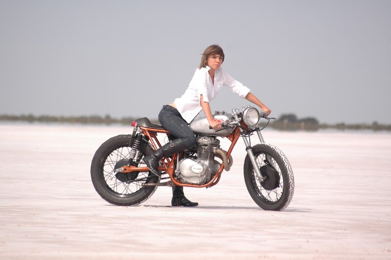 woman on custom motorcycle