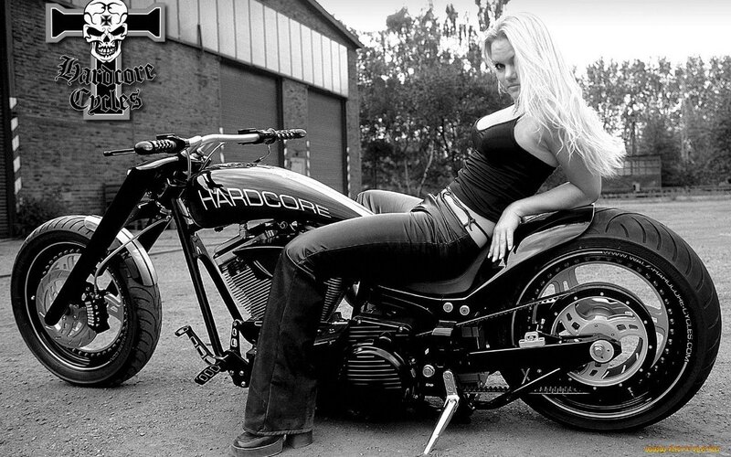 Woman on Custom Motorcycle — Black, Dramatic, Photograph, Building