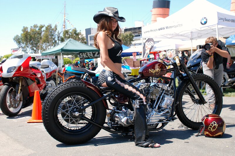 Woman on Custom Motorcycle — Black, Outdoor
