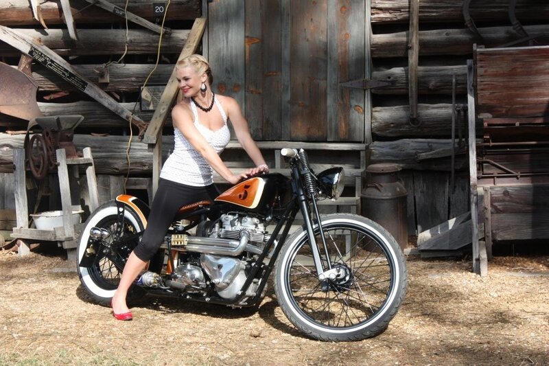 Woman on Custom Motorcycle — Brown, Outdoor