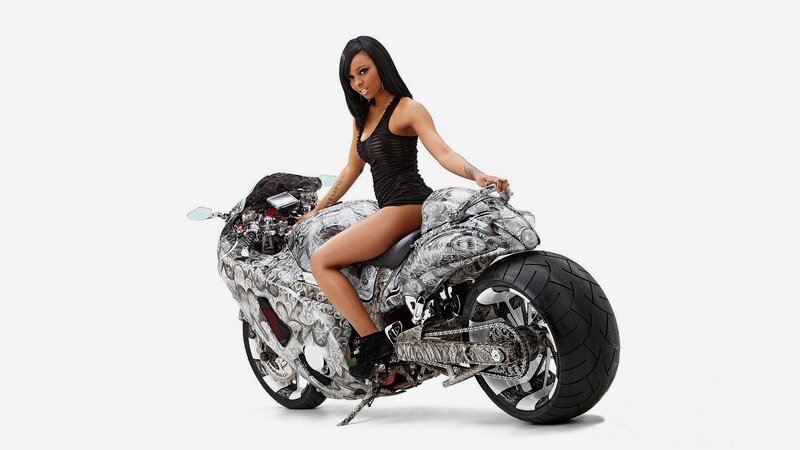 Woman on Custom Motorcycle — White, Confident, Photograph