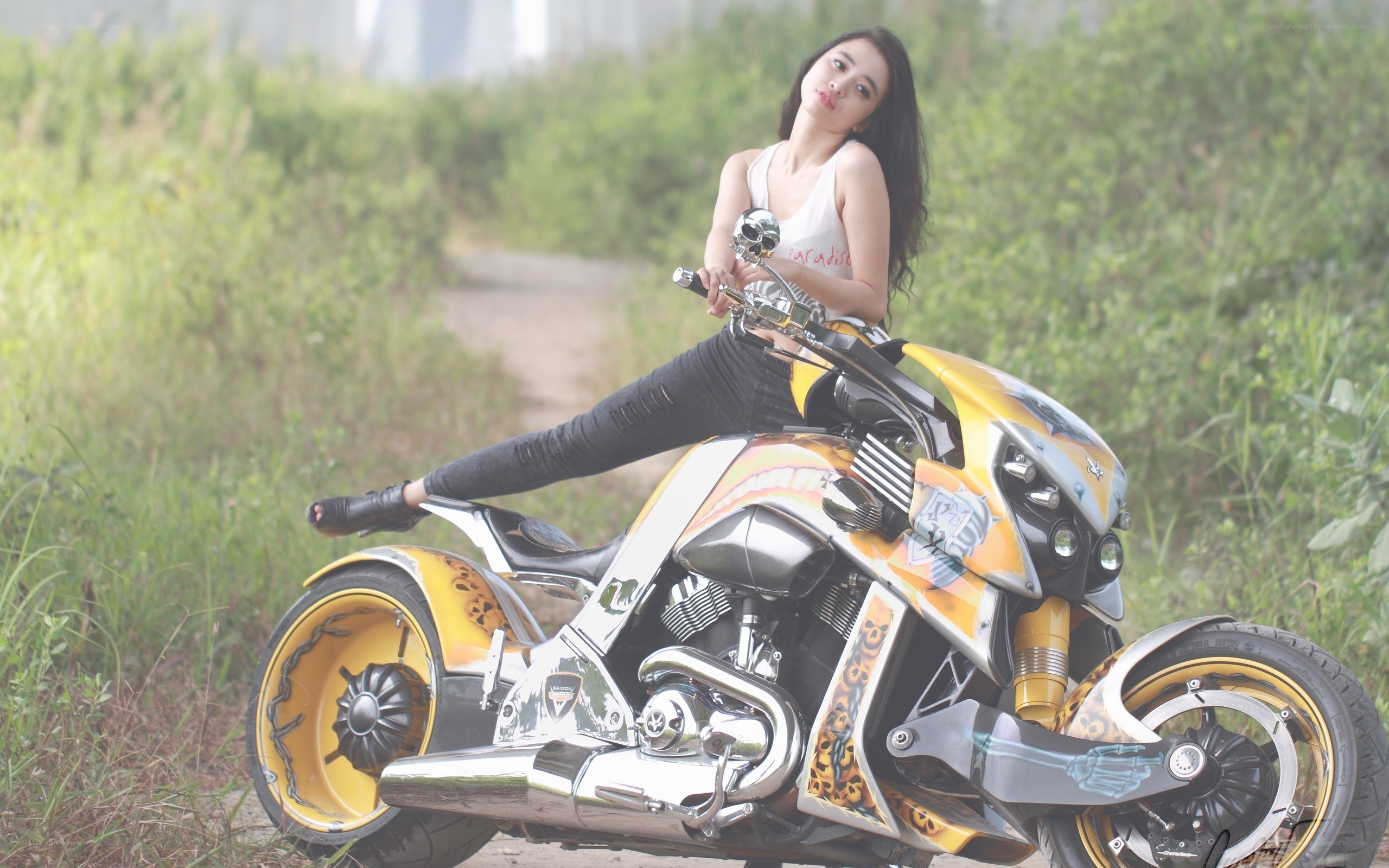 woman on custom motorcycle