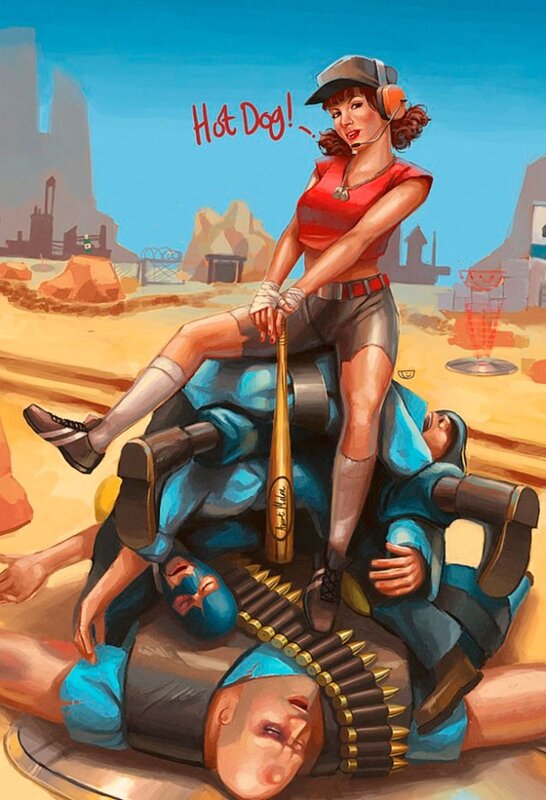 Woman on defeated soldiers