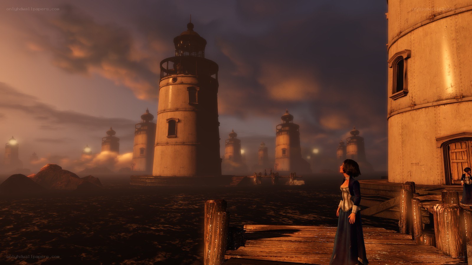 woman on dock at lighthouse