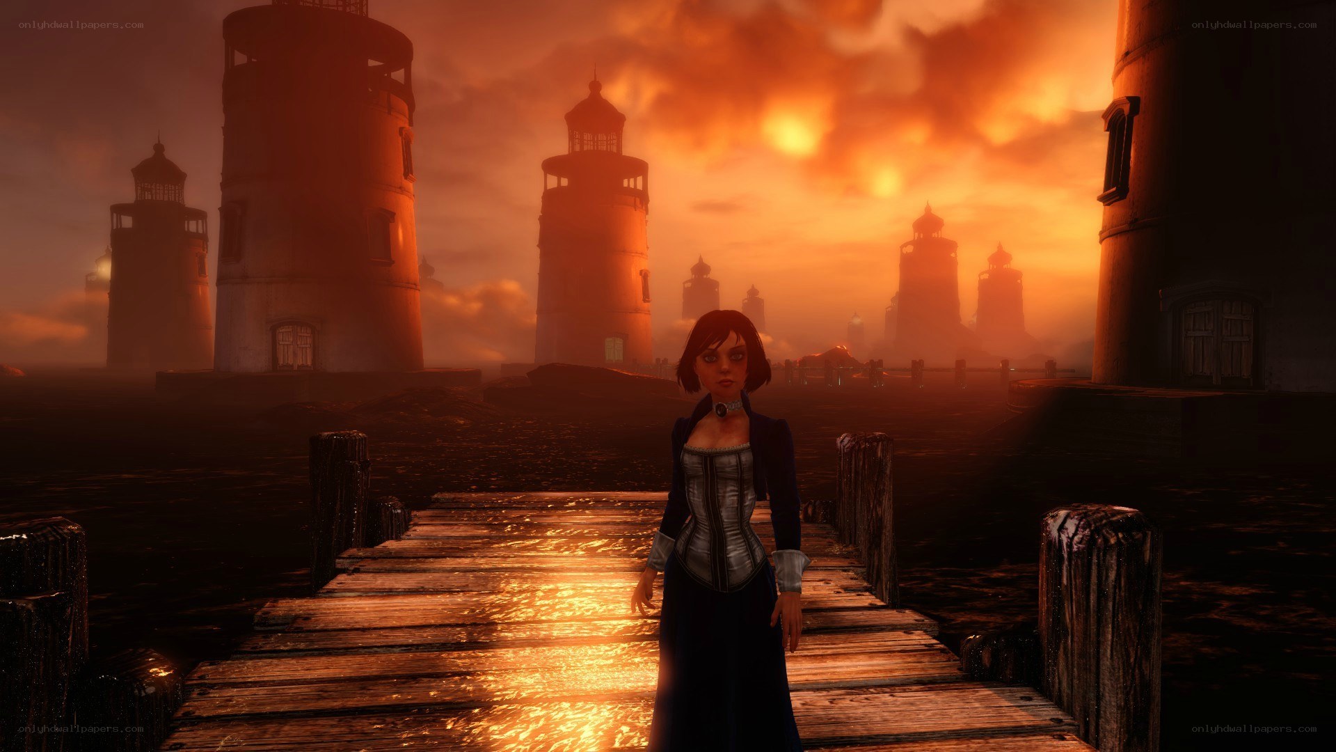 woman on dock at sunset