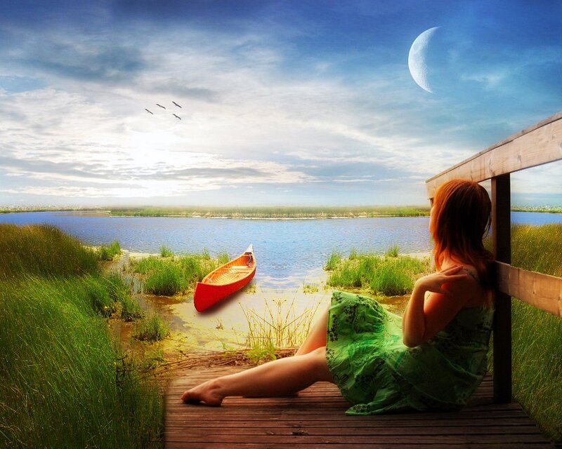 Woman on Dock by Lake — Green