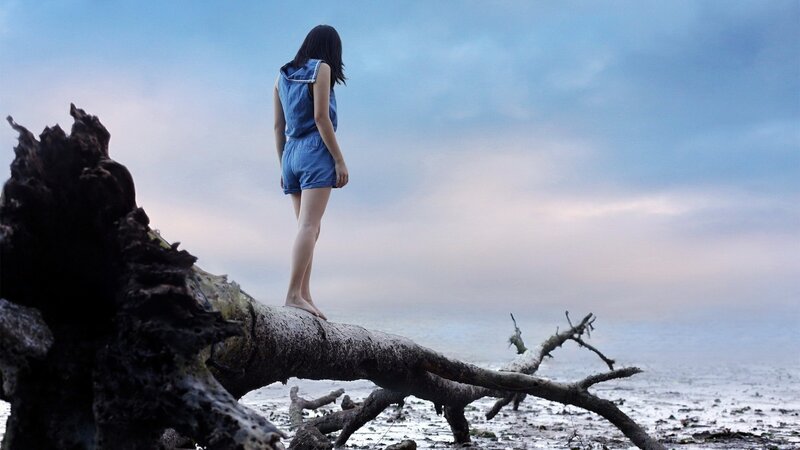 Woman on driftwood at beach
