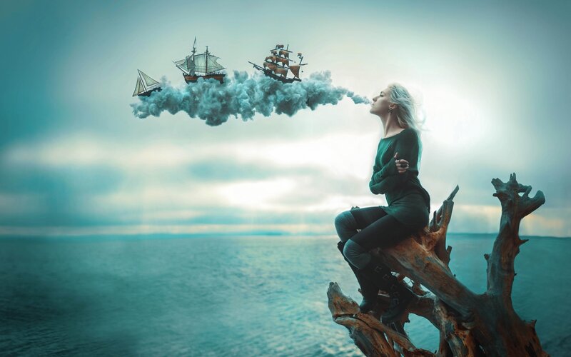 Woman on Driftwood — Blue, Dreamy, Afternoon, Digital Art