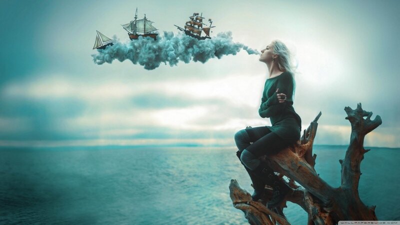 Woman on Driftwood — Blue, Dreamy, Digital Art, Ships