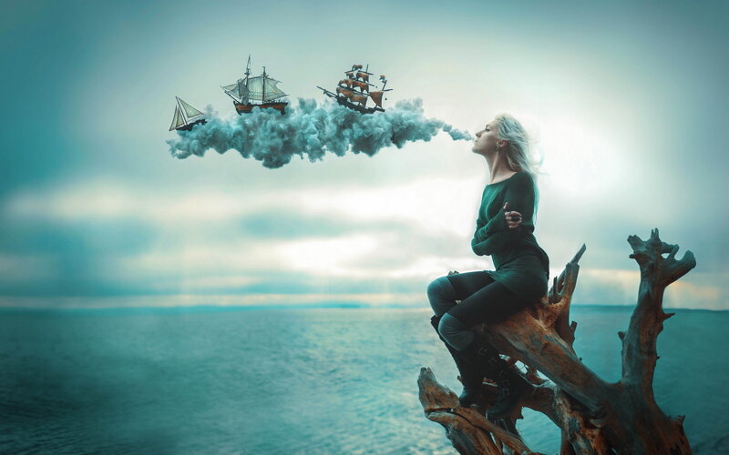 Woman on Driftwood — Blue, Dreamy