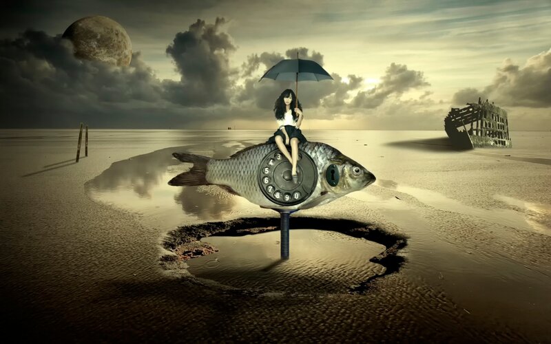 Woman on Fish Sculpture