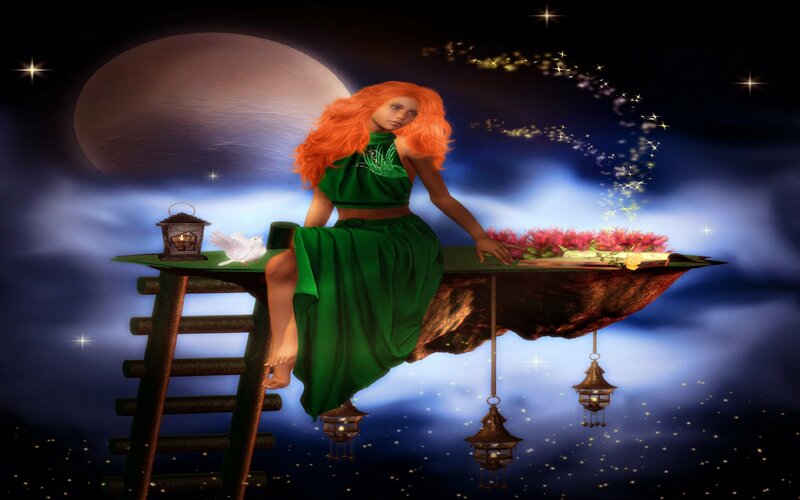 woman on floating island at night