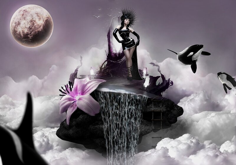 woman on floating island with orcas