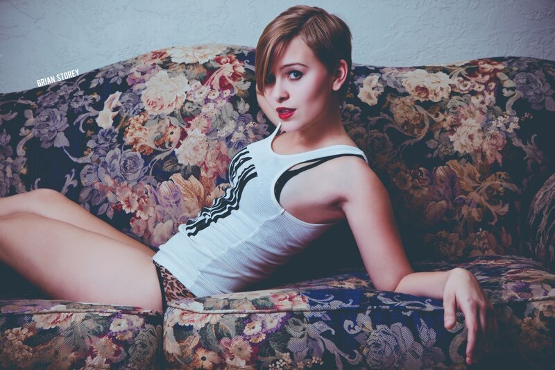 woman on floral couch