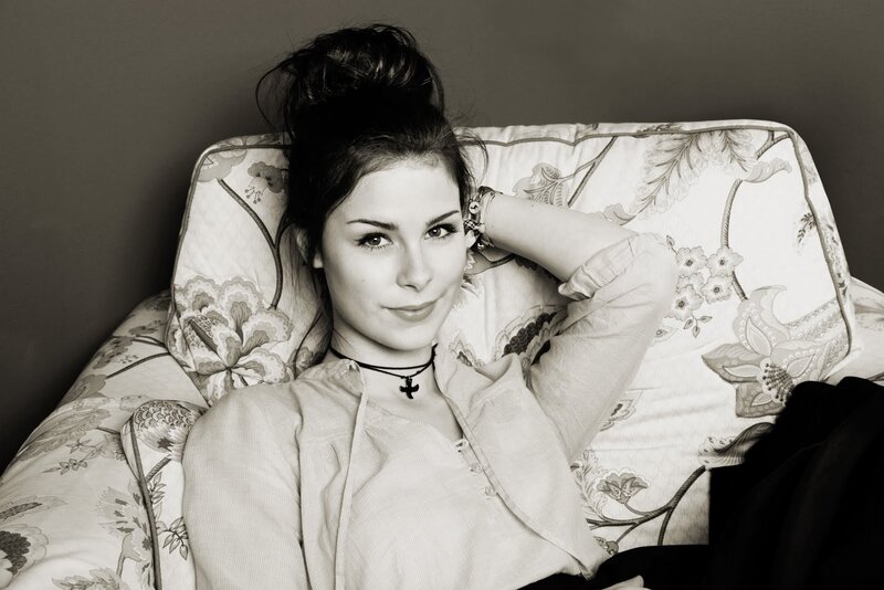 Woman on Floral Couch — Black, Calm