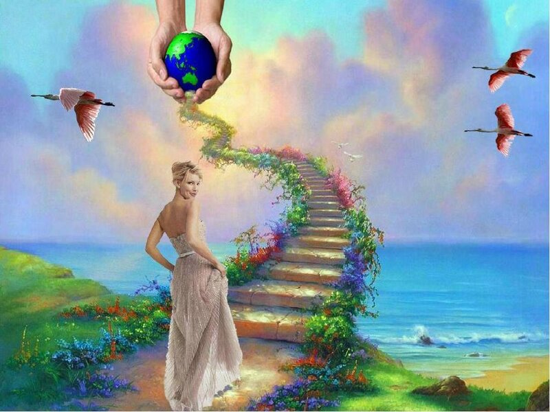 Woman on Floral Staircase