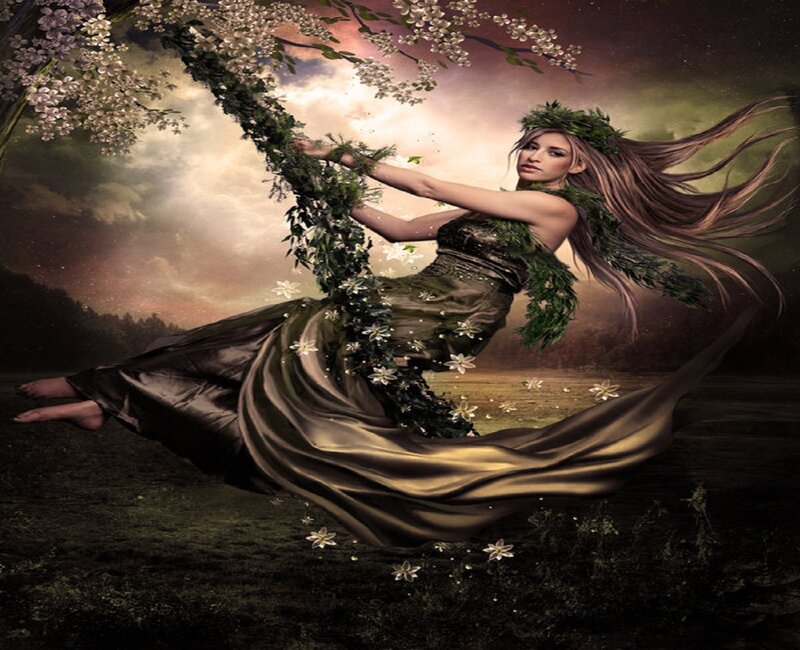 Woman on Floral Swing — Green
