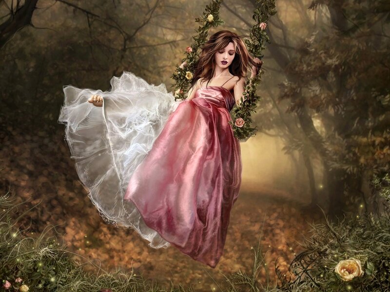 Woman on Floral Swing — Pink, Dreamy, Autumn