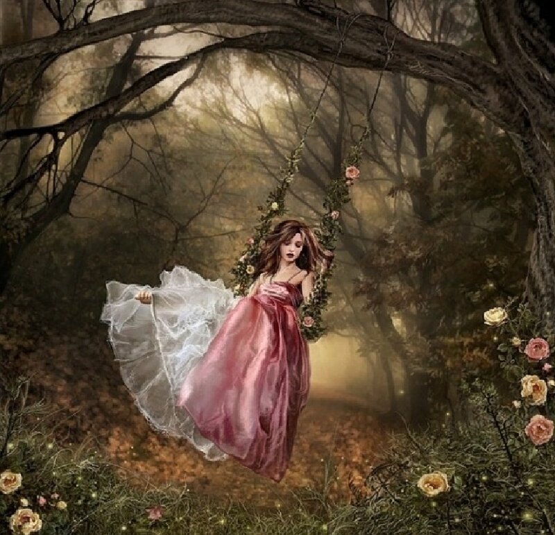 Woman on Floral Swing — Pink