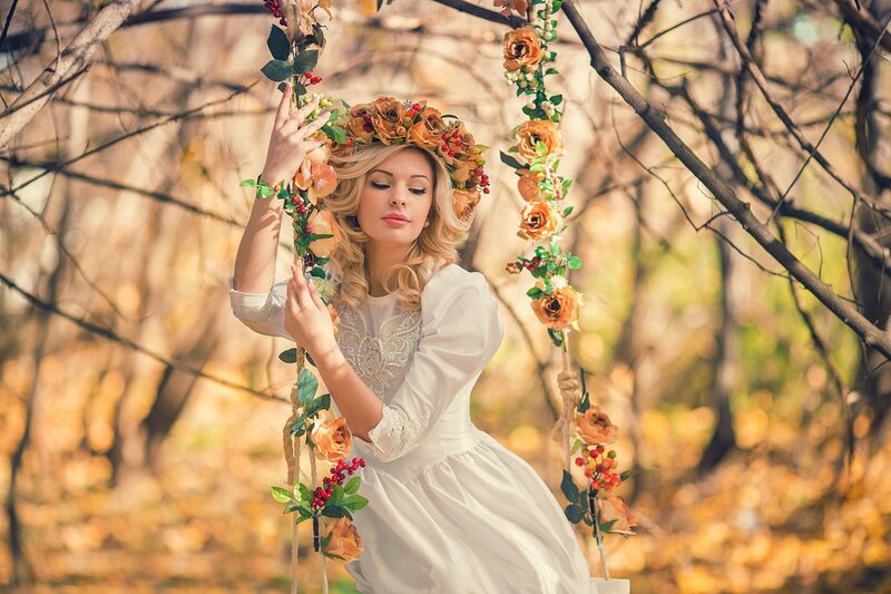 Woman on Floral Swing — White, Serene