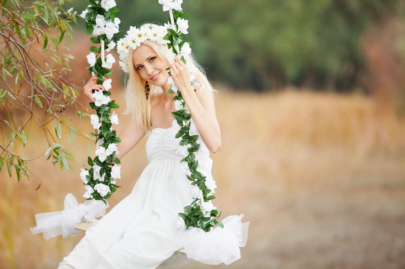Woman on Floral Swing — White