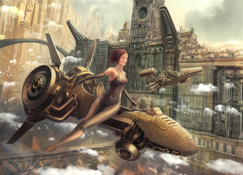 Woman on Flying Vehicle — Brown