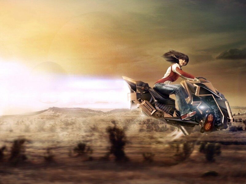 woman on futuristic motorcycle
