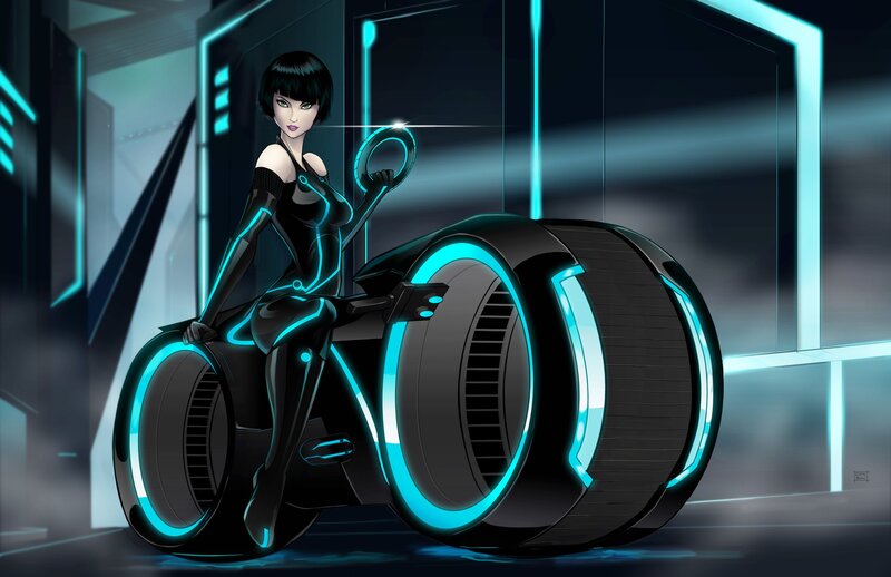 Woman on Futuristic Motorcycle — Black, Dramatic, Night