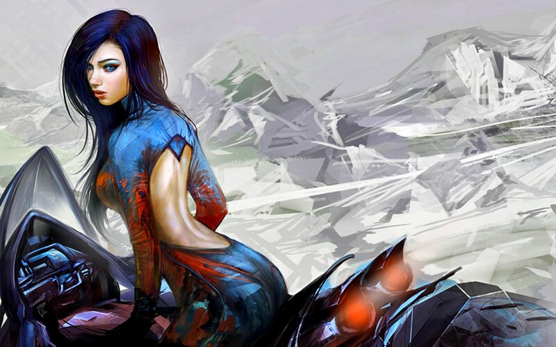 Woman on Futuristic Motorcycle — Blue, Dramatic, Digital Art