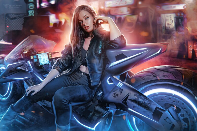 Woman on Futuristic Motorcycle — Blue, Dramatic, Night, Digital Art, Neon Lights
