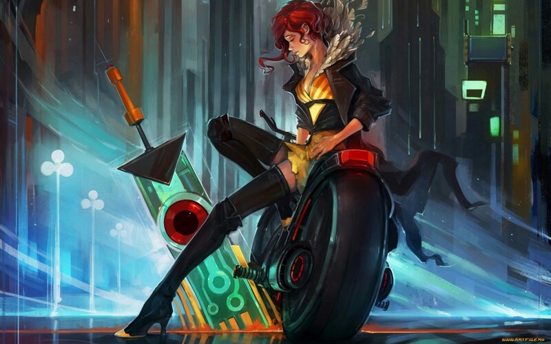 Woman on Futuristic Motorcycle — Blue, Dramatic, Night