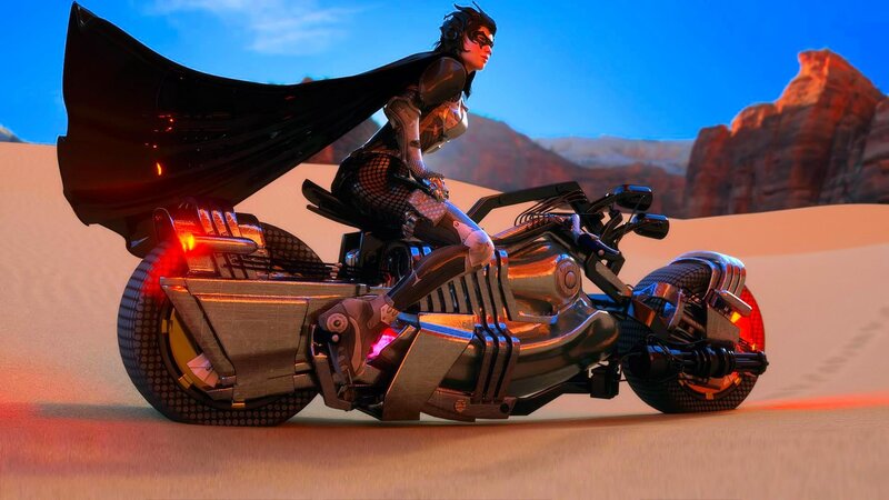 Woman on Futuristic Motorcycle — Blue, Dramatic, Sunset