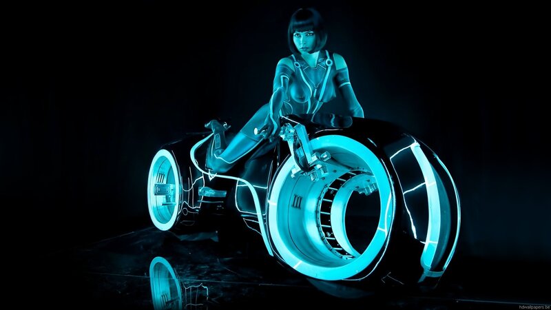 Woman on Futuristic Motorcycle — Blue, Dramatic