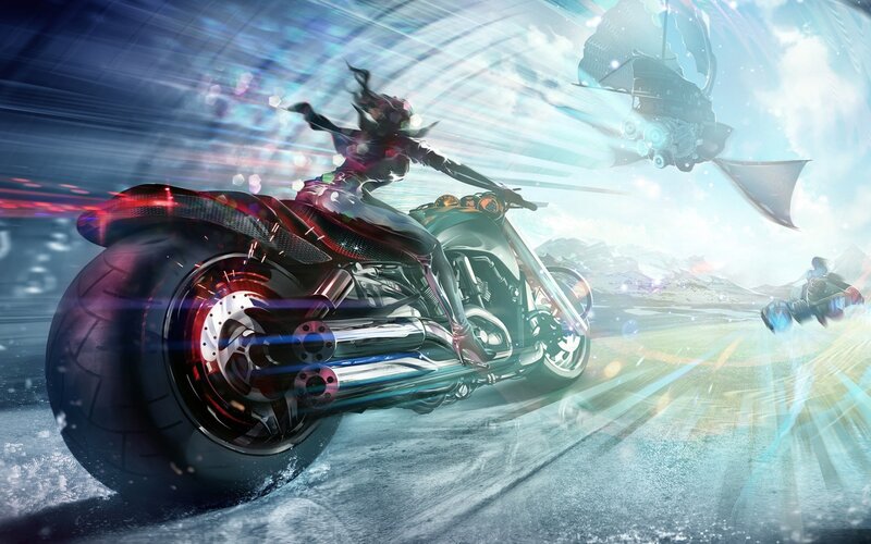 Woman on Futuristic Motorcycle — Blue, Dynamic