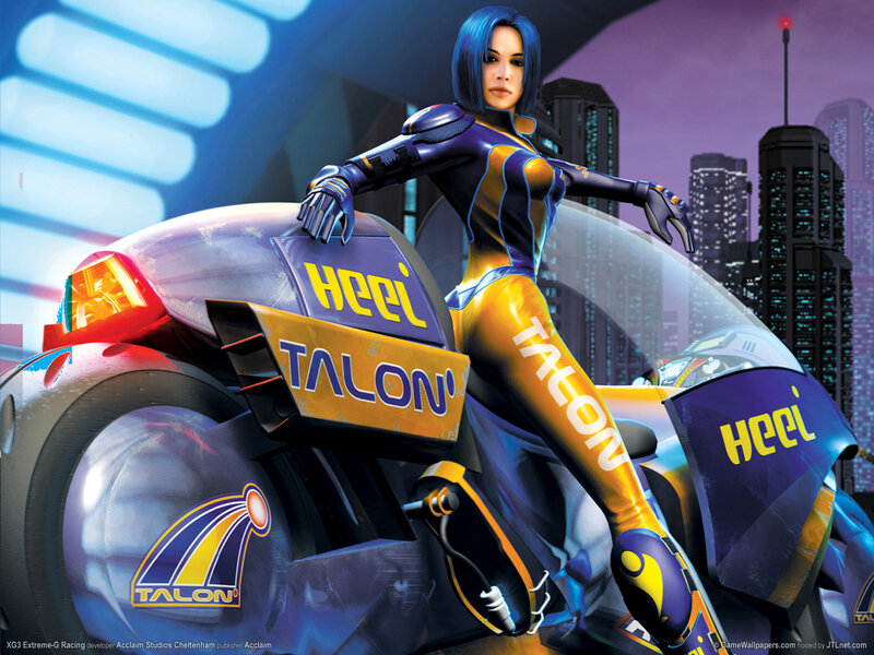 Woman on Futuristic Motorcycle — Blue