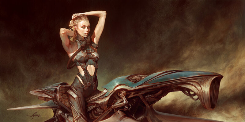 Woman on Futuristic Motorcycle — Brown, Dramatic
