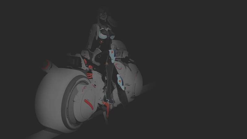 Woman on Futuristic Motorcycle — Gray, Dramatic, Night, Digital Art, Glasses