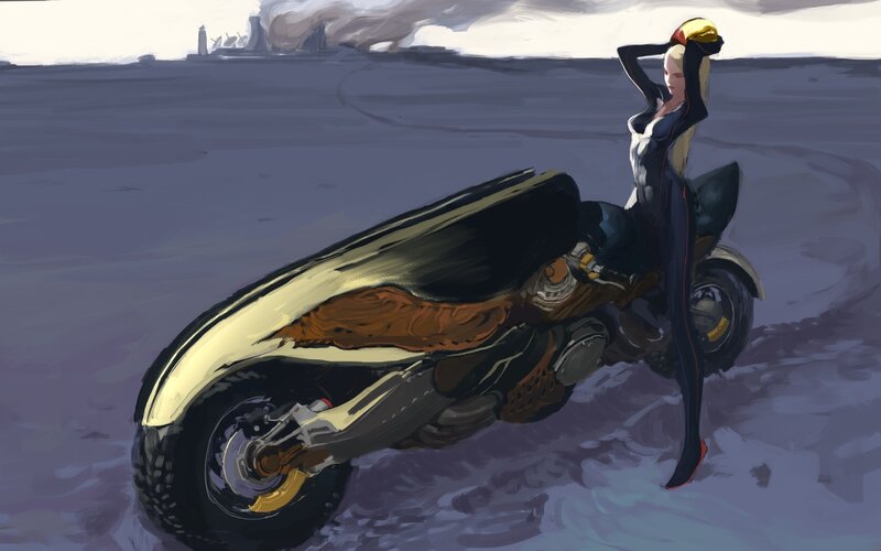 Woman on Futuristic Motorcycle — Gray, Dramatic