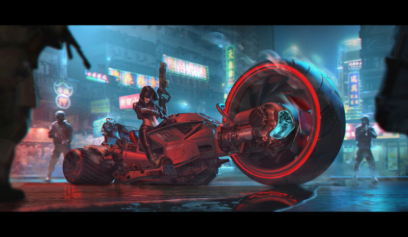 Woman on Futuristic Motorcycle — Red, Dramatic