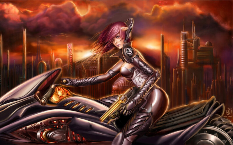 Woman on Futuristic Motorcycle — Red