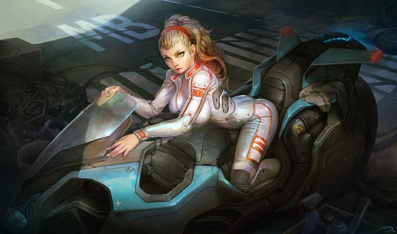 Woman on Futuristic Motorcycle — White, Dramatic