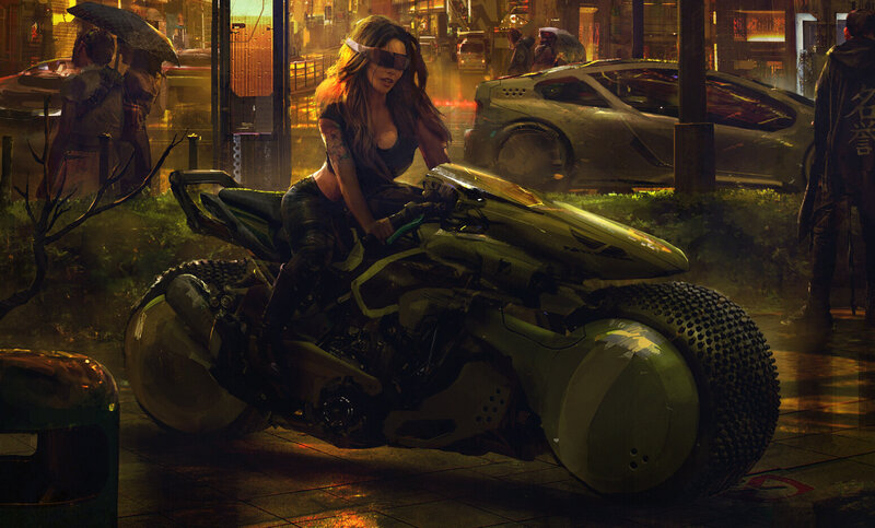 Woman on Futuristic Motorcycle — Yellow