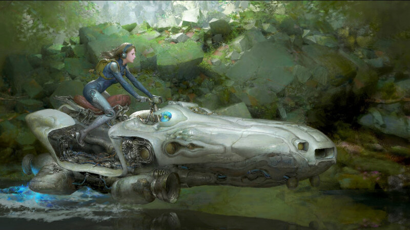 Woman on Futuristic Vehicle — Green, Serene