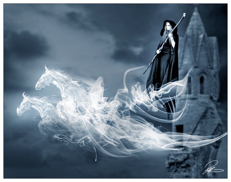 Woman on Ghostly Horses
