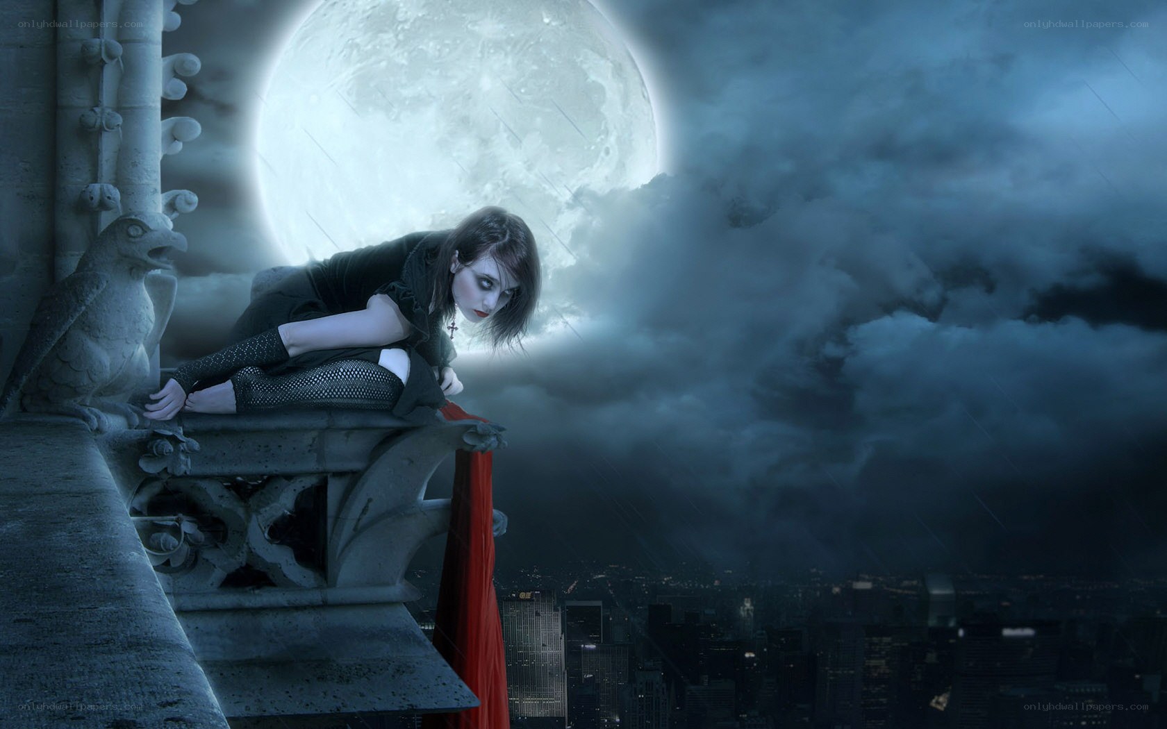 woman on gothic rooftop
