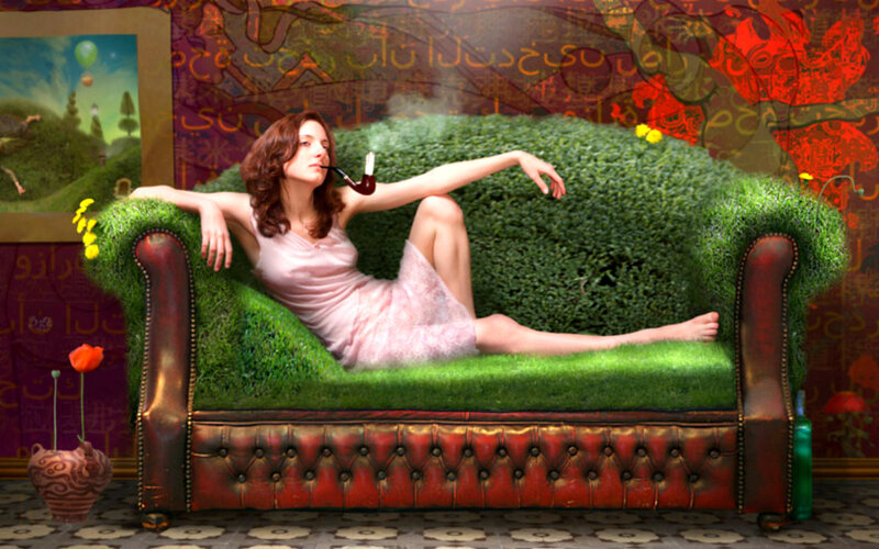 Woman on Grass Sofa