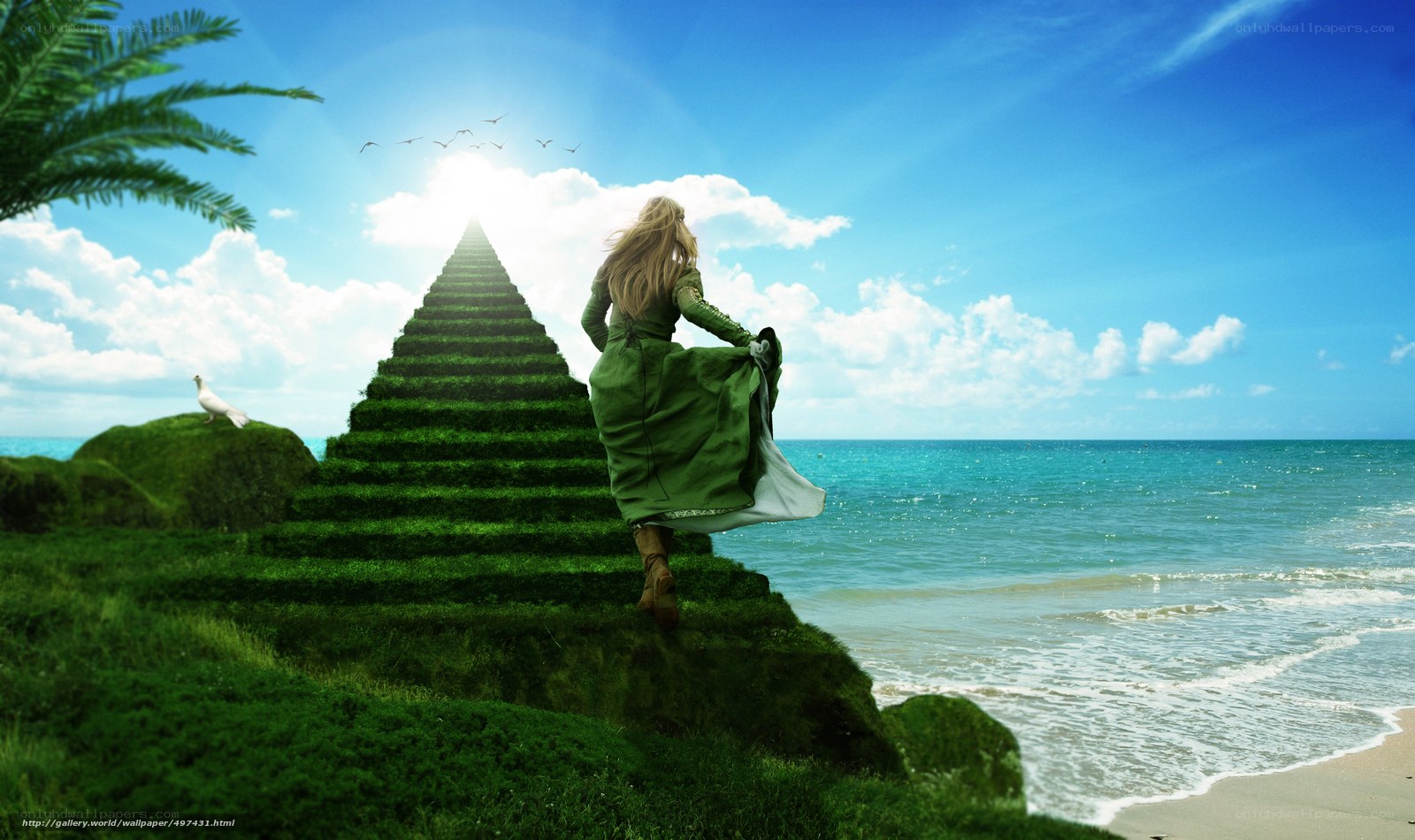 woman on grass staircase to sky